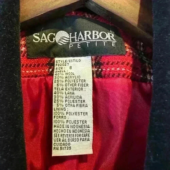 Vtg Sag Harbor‎ Blazer Women’s 8 Red/Black Tarton Plaid Wool Velvet Suit Jacket - Picture 3 of 9